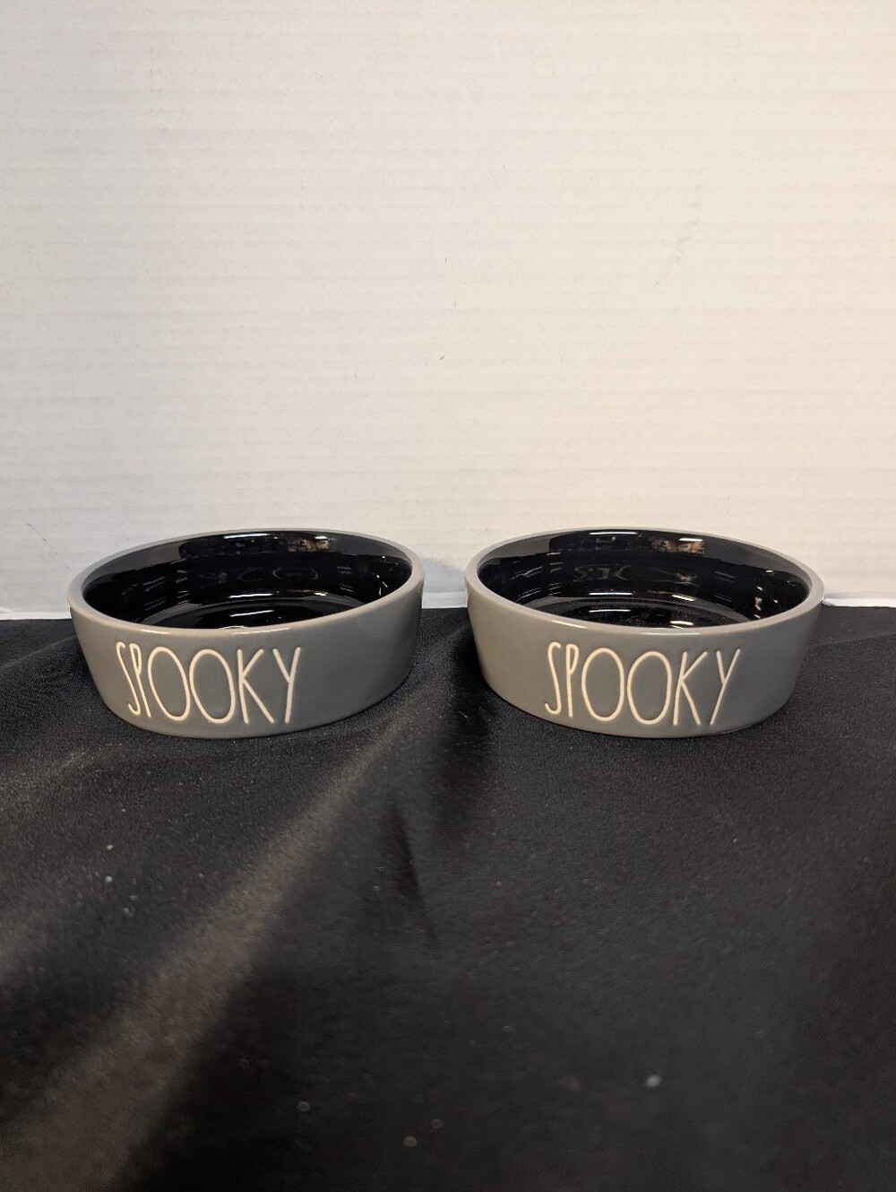 New Rae Dunn Halloween Small Cat Pet Animal Bowl Dish Grey/Black  SPOOKY Lot 2